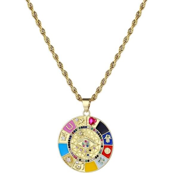 Boho Evil Eye Necklace – 14K Gold Plated Pendant & Rope Chain - Picture 1 of 5
